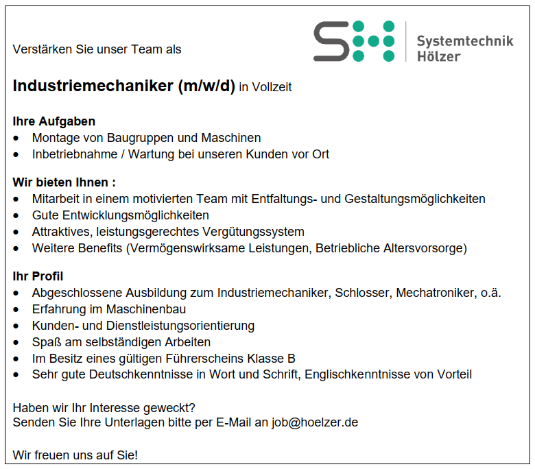 Stellenanzeige Industriemechaniker